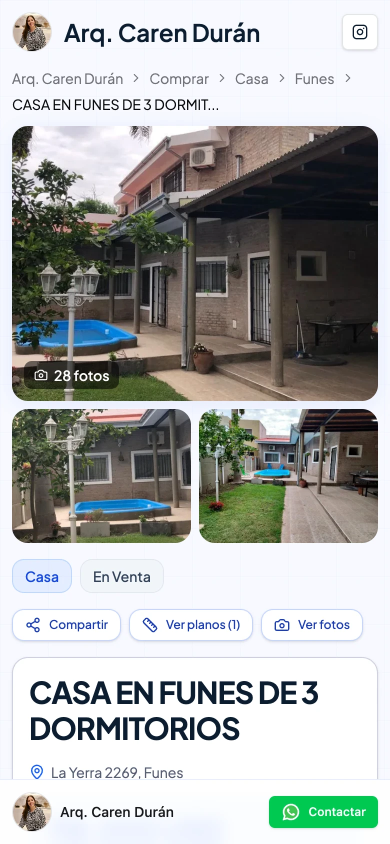 Captura móvil de /propiedad/3371 con encabezado de Arq. Caren Durán y botón fijo de WhatsApp abajo